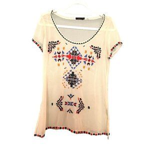 LUX Womens Aztec Sheer Blouse Embroidered Top Multi Color on Beige Size S